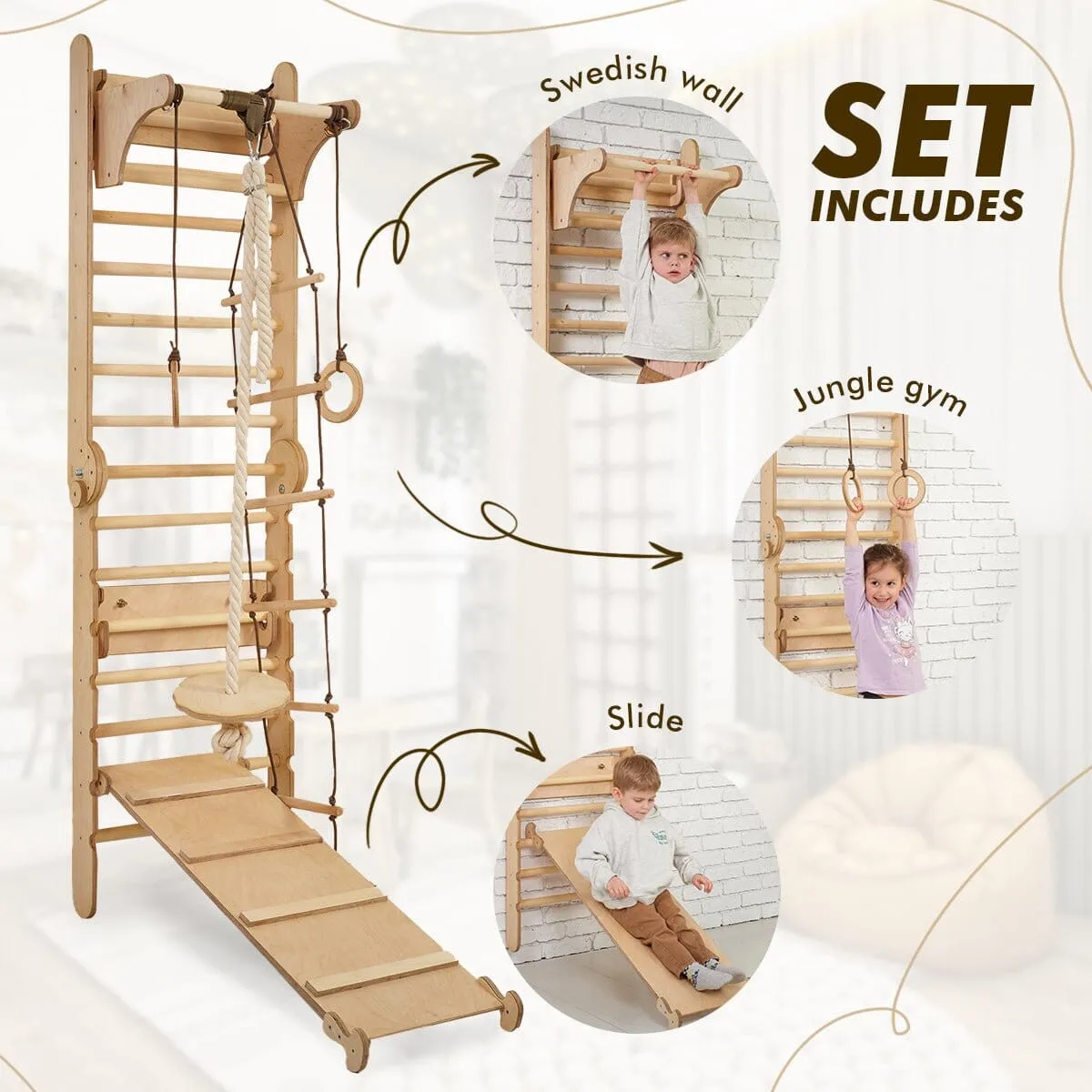 3in1 Wooden Swedish Wall / Climbing Ladder for Children   Swing Set   Slide Board