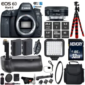 Canon EOS 6D Mark II DSLR Camera With 24mm 2.8 STM Lens   Professional Battery Grip   UV Protection Filter   LED Kit Starter Bundle