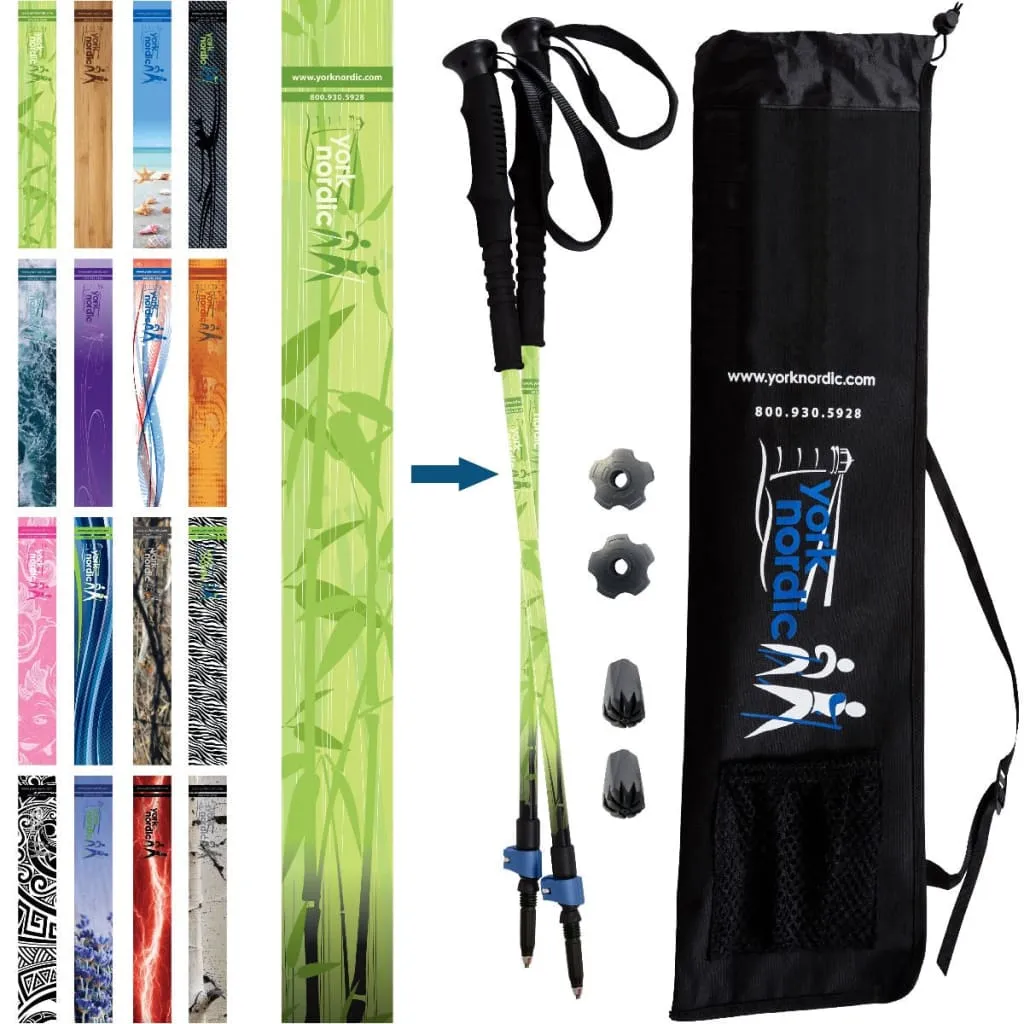 Green Zen Trekking Poles - 2 Pack w-flip locks, detachable feet and travel bag - For Heights up to 6’2”