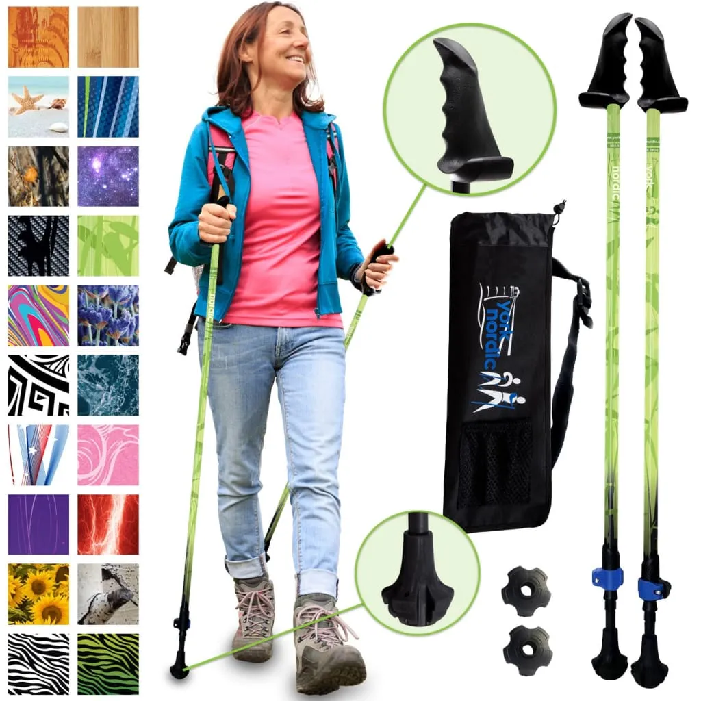 Green Zen Trekking Poles - 2 Pack w-flip locks, detachable feet and travel bag - For Heights up to 6’2”