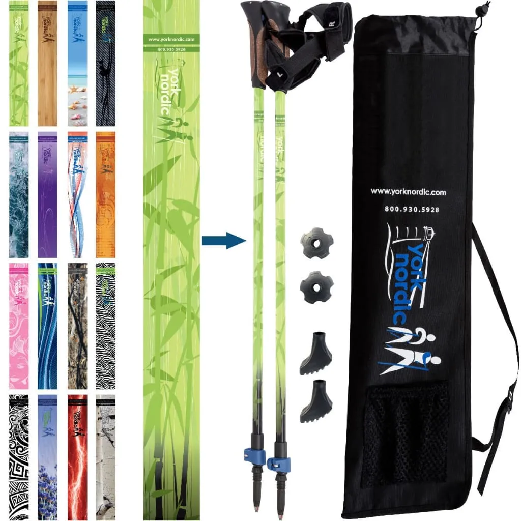 Green Zen Trekking Poles - 2 Pack w-flip locks, detachable feet and travel bag - For Heights up to 6’2”