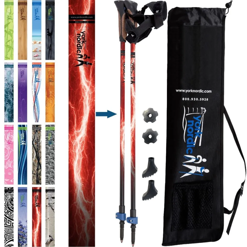 Red Burner Hiking - Walking Poles - 2 pack - adjustable pair w-flip locks, detachable feet and travel bag - For Heights up to 6’2”