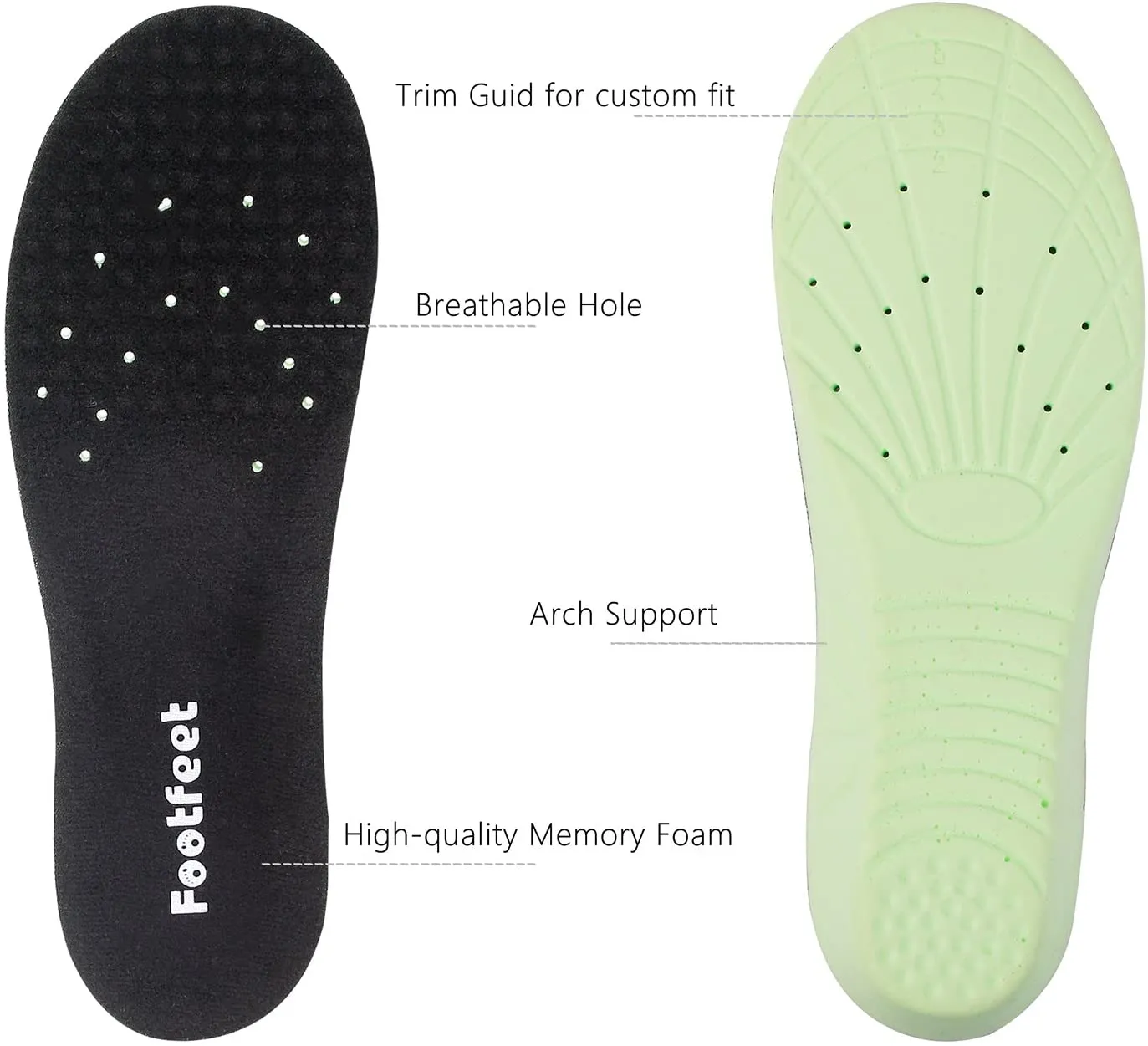 Shoe Insoles for Men or Women - Footfeet Comfortable Memory Foam Insoles